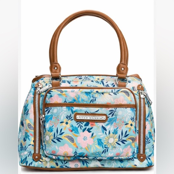 Lily Bloom Handbags - Lily Bloom Blue Floral Tote with Brown Handles